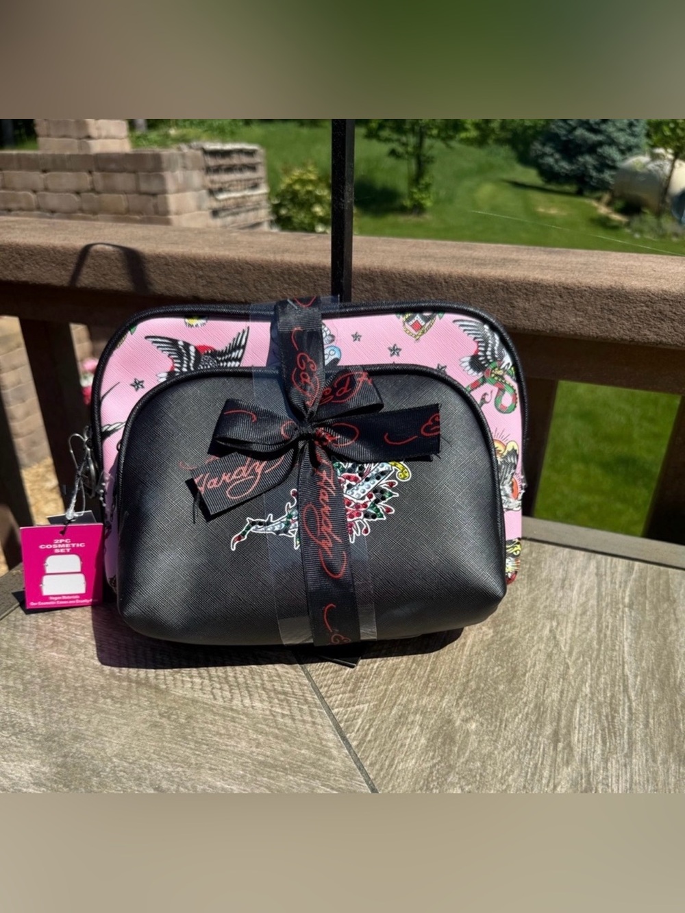 Ed Hardy Black & Pink Tattoo-Print Cosmetic Bag Duo
